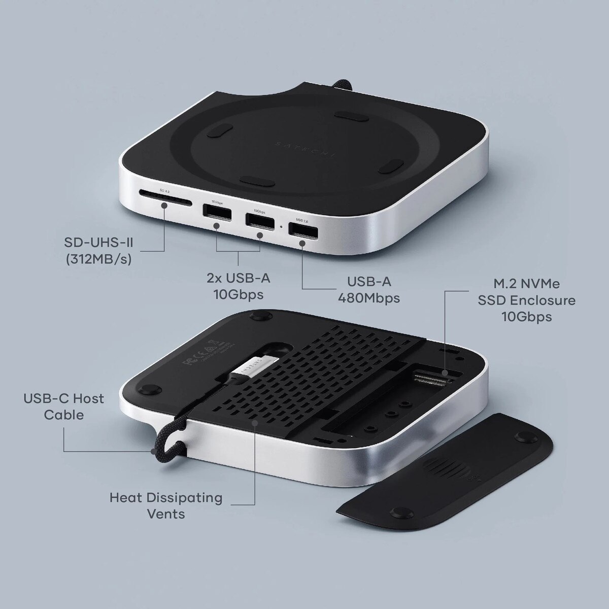 Satechi Mac Mini M4 Stand & Hub with SSD Enclosure - Silver